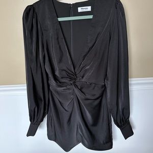 SATIN BILLIE MINI DRESS - TWIST FRONT LONG PUFF SLEEVES DRESS IN BLACK XS